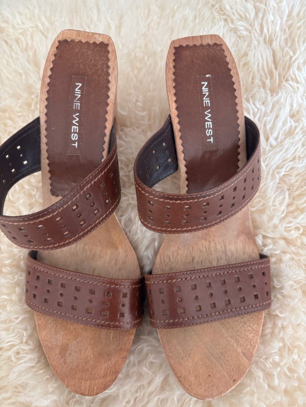 Nine West Brown Perforated Leather Two-Band wood sandals
